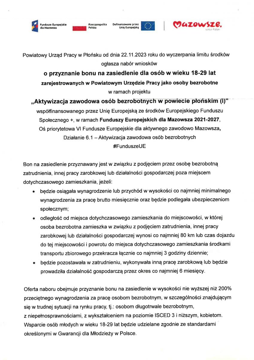 Nabór wniosków o przyznanie bonu na zasiedlenie dla osób w wieku 18-29 lat. - Powiatowy Urząd Pracy w Płońsku