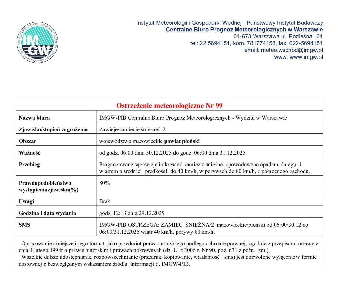 Ostrzeżenie meteorologiczne Nr 99 z dnia 29.12.2025 r.