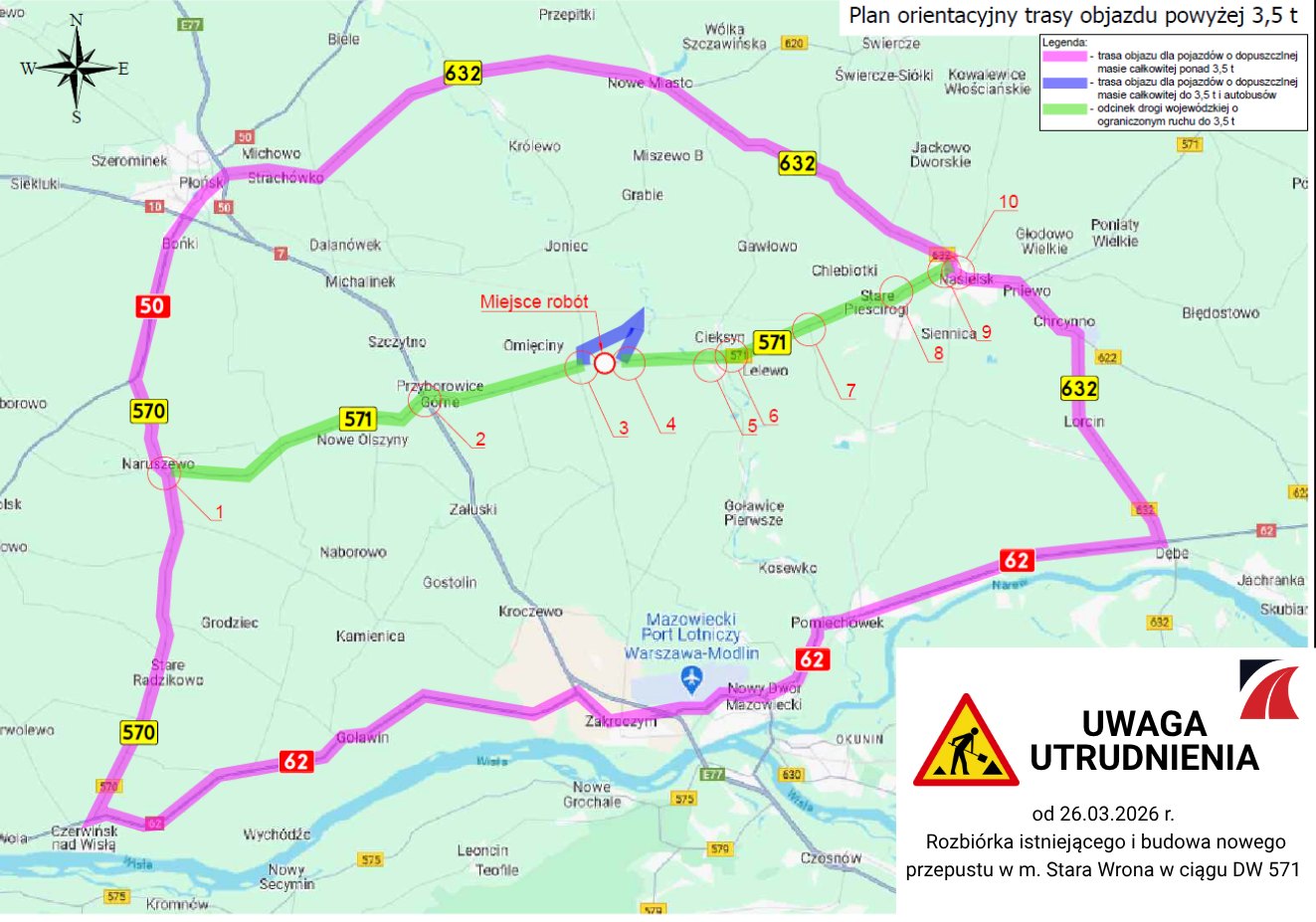 Uwaga utrudnienia na DW 571 w m. Stara Wrona