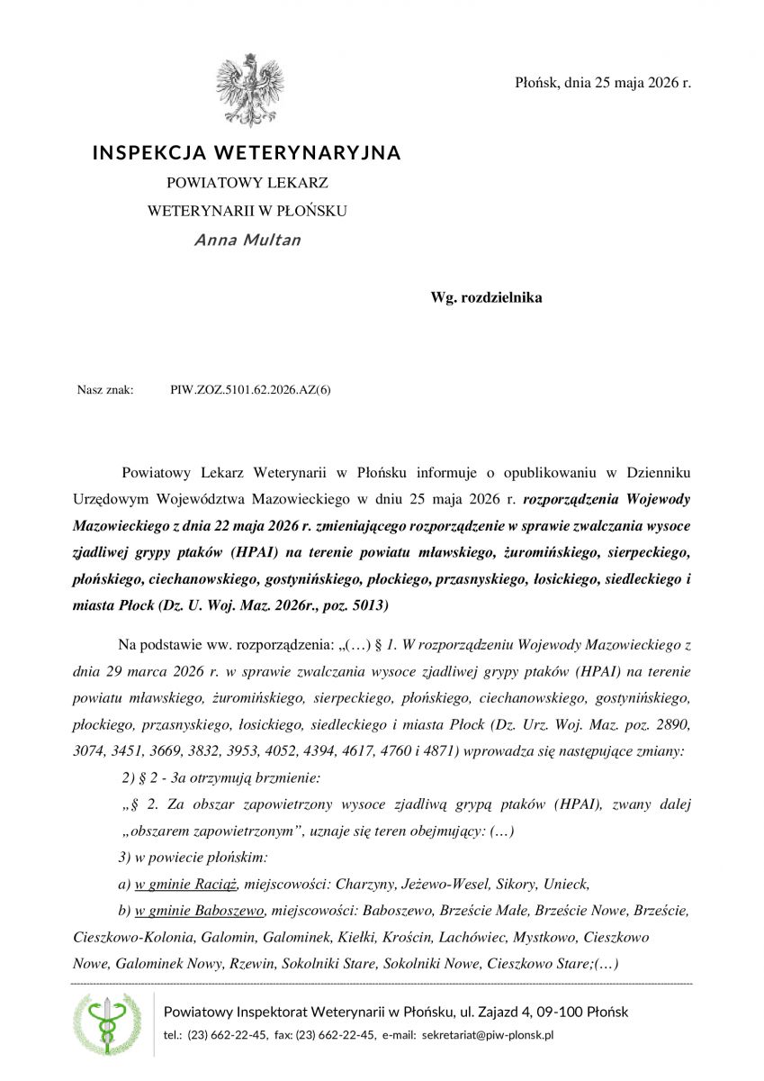 Pismo Powiatowego Lekarza Weterynarii w Płońsku w sprawie zmiany rozporządzenia Wojewody Mazowieckiego.