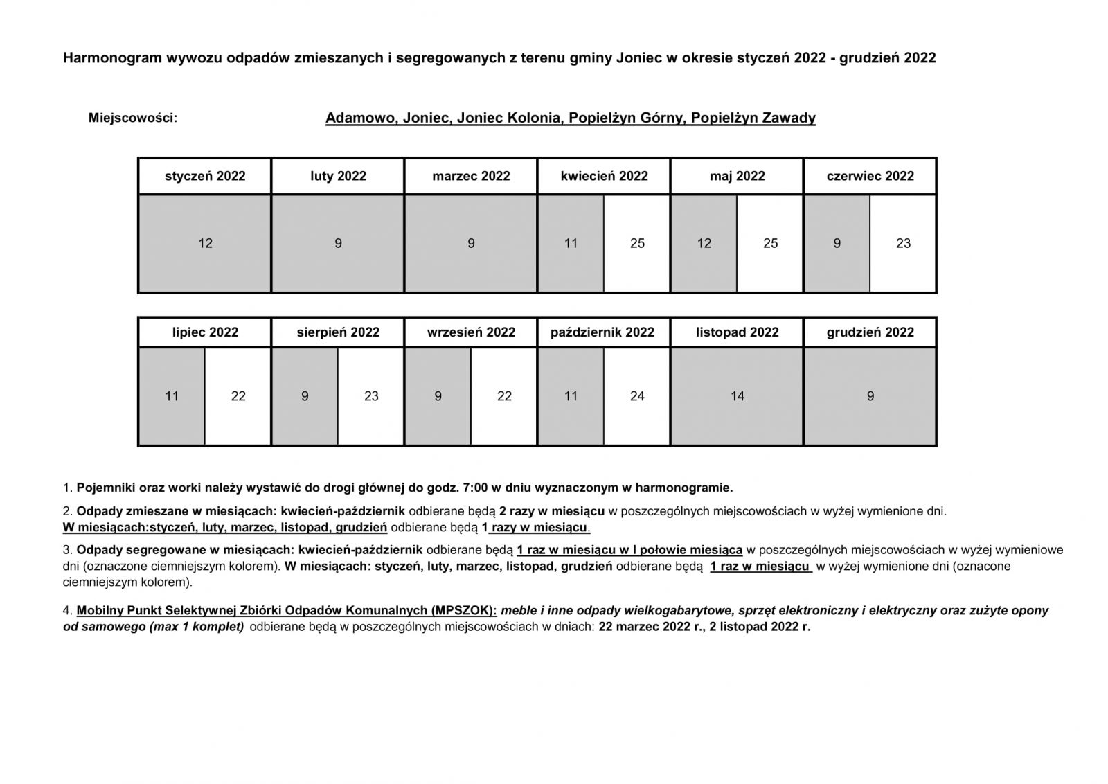 Harmonogram wywozu odpadów zmieszanych i segregowanych z terenu gminy Joniec na 2022 r. dla miejscowości: ADAMOWO, JONIEC, JONIEC-KOLONIA, POPIELŻYN GÓRNY, POPIELŻYN-ZAWADY