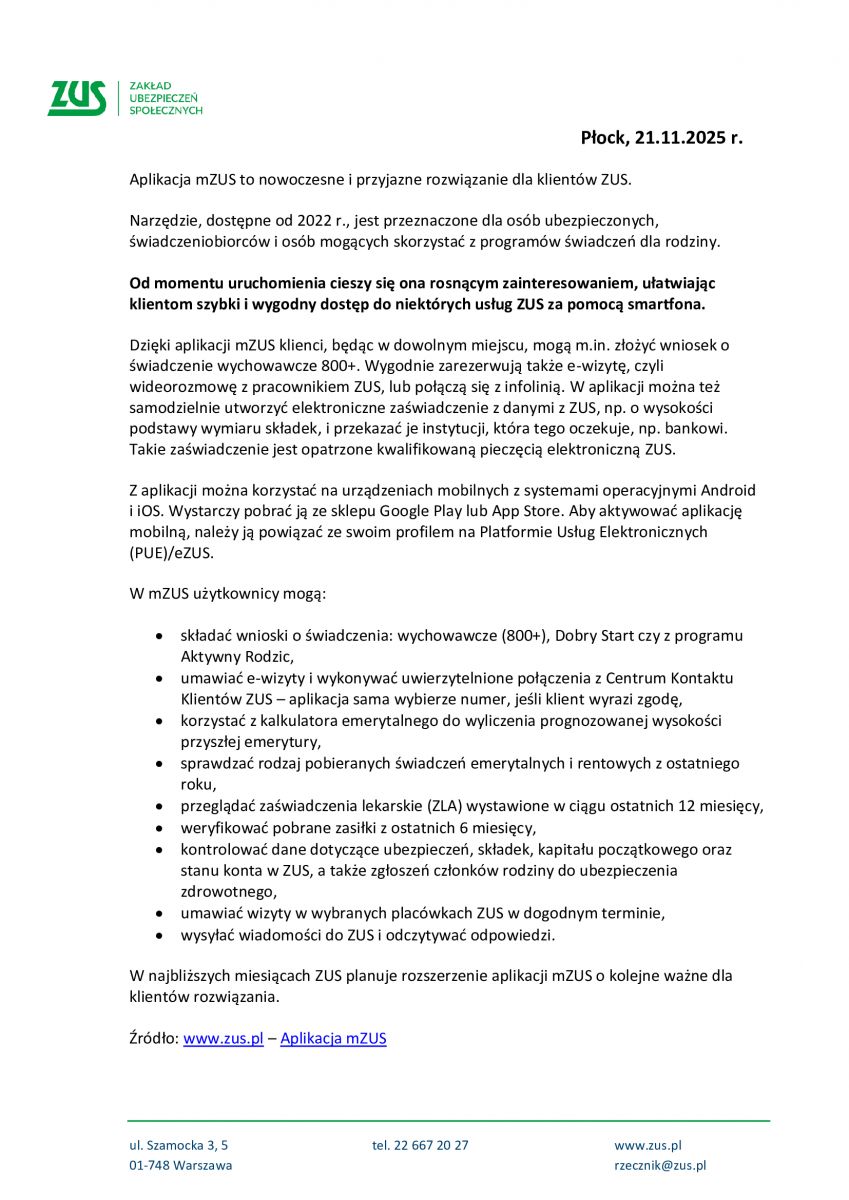Informacja prasowa - aplikacja mZUS