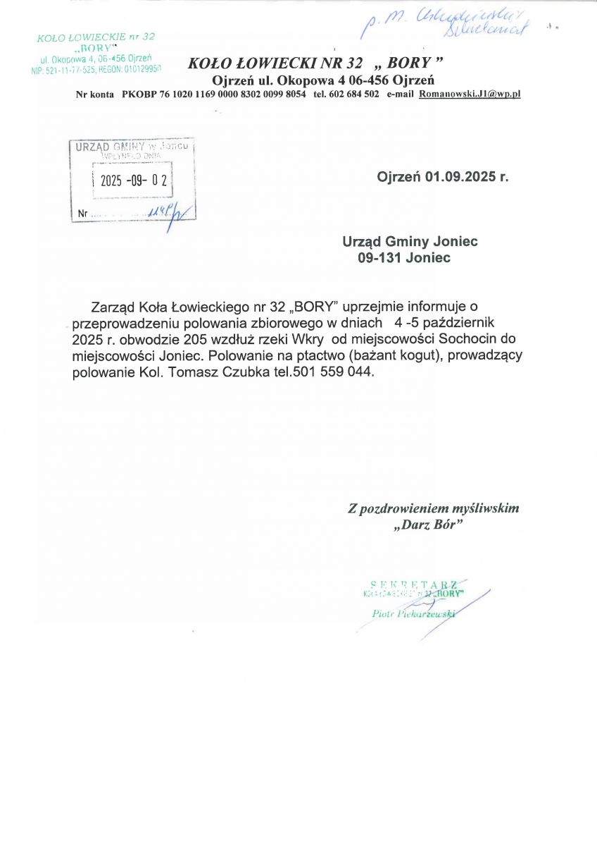 Informacja o przeprowadzeniu polowania zbiorowego