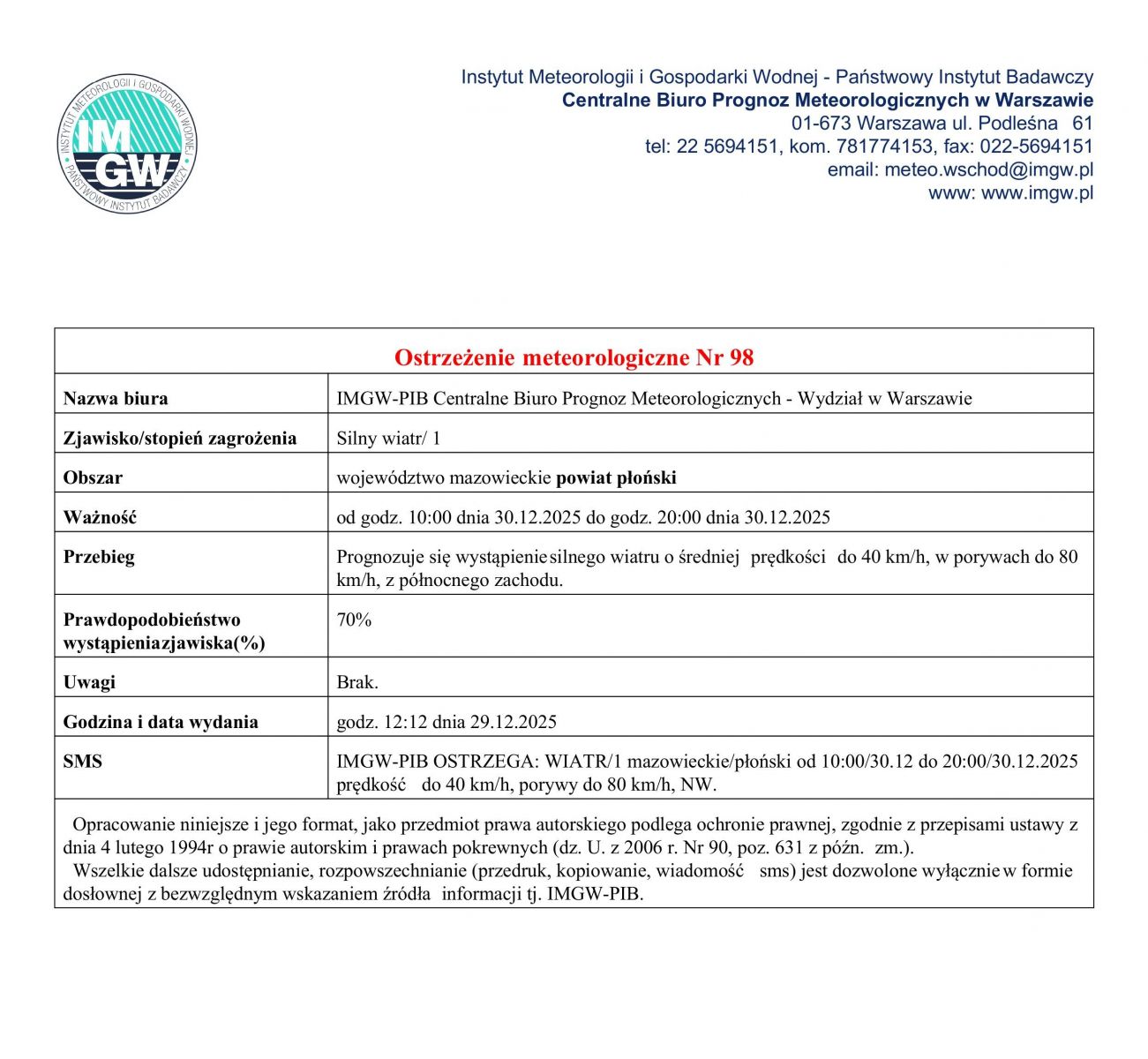 Ostrzeżenie meteorologiczne Nr 98 z dnia 29.12.2025 r.