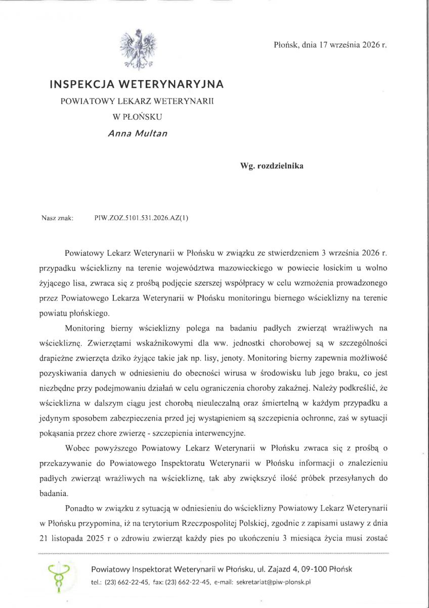 Pismo Powiatowego Lekarza Weterynarii w Płońsku dotyczące monitoringu biernego wścieklizny na terenie powiatu płońskiego