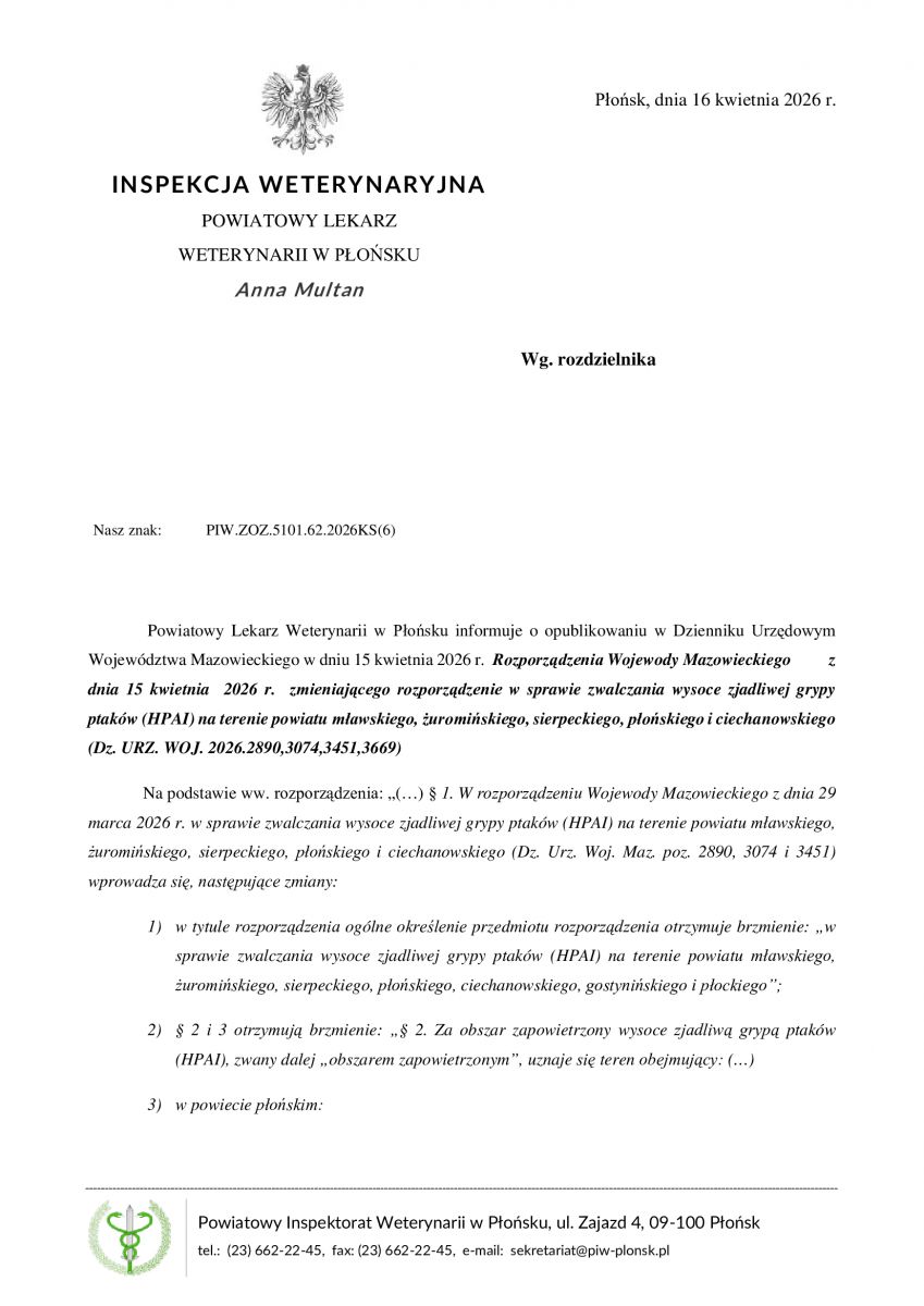 Pismo Powiatowego Lekarza Weterynarii w Płońsku w sprawie rozporządzeń Wojewody Mazowieckiego