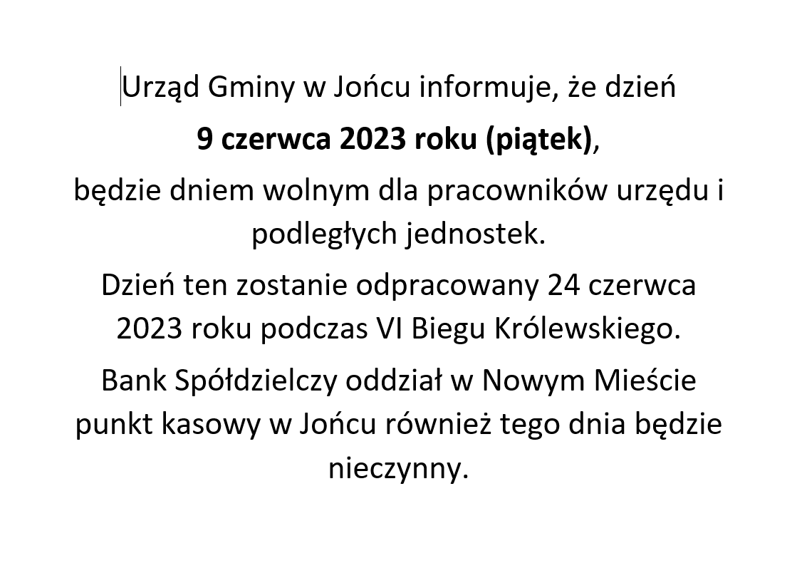 9 czerwca 2023 roku Urząd Gminy będzie nieczynny!