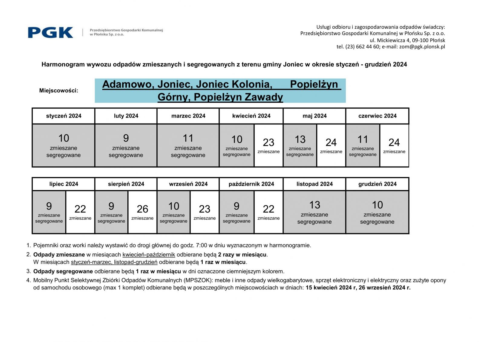 Harmonogram wywozu odpadów zmieszanych i segregowanych z terenu gminy Joniec na 2024 rok dla miejscowości: ADAMOWO, JONIEC, JONIEC-KOLONIA, POPIELŻYN GÓRNY, POPIELŻYN-ZAWADY