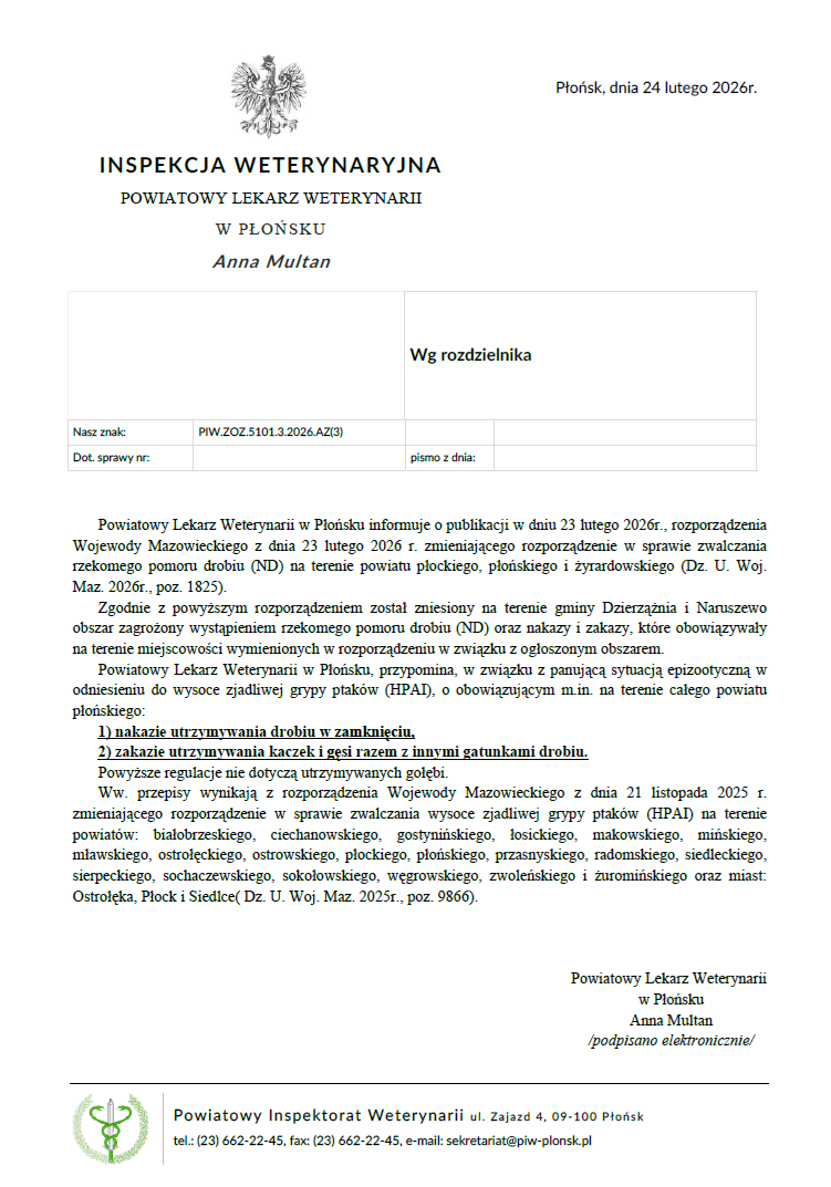 Pismo Powiatowego Lekarza Weterynarii w Płońsku w sprawie rozporządzeń Wojewody Mazowieckiego