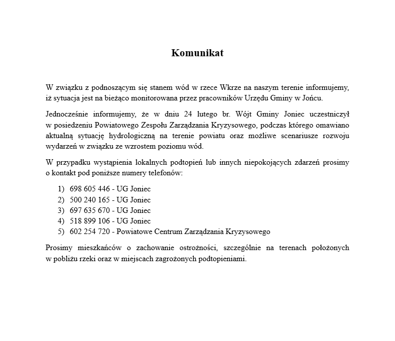 Komunikat dotyczacy stanu wód