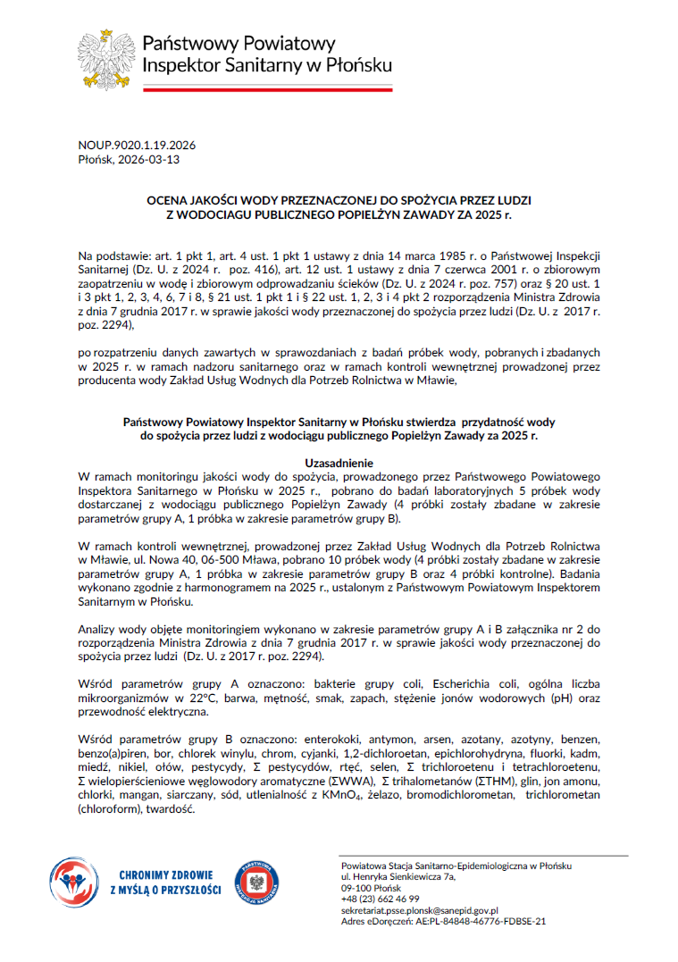 OCENA JAKOŚCI WODY PRZEZNACZONEJ DO SPOŻYCIA PRZEZ LUDZI Z WODOCIĄGU PUBLICZNEGO SZCZYTNO ORAZ  POPIELŻYN ZAWADY ZA 2025 r.