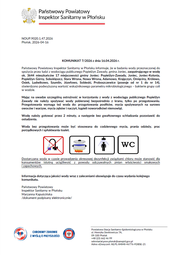 Ważny komunikat z dnia 16.04.2026 r. Państwowy Powiatowy Inspektor Sanitarny w Płońsku stwierdza warunkową przydatnosć wody do spożycia z wodociągu publicznego Popielżyn-Zawady