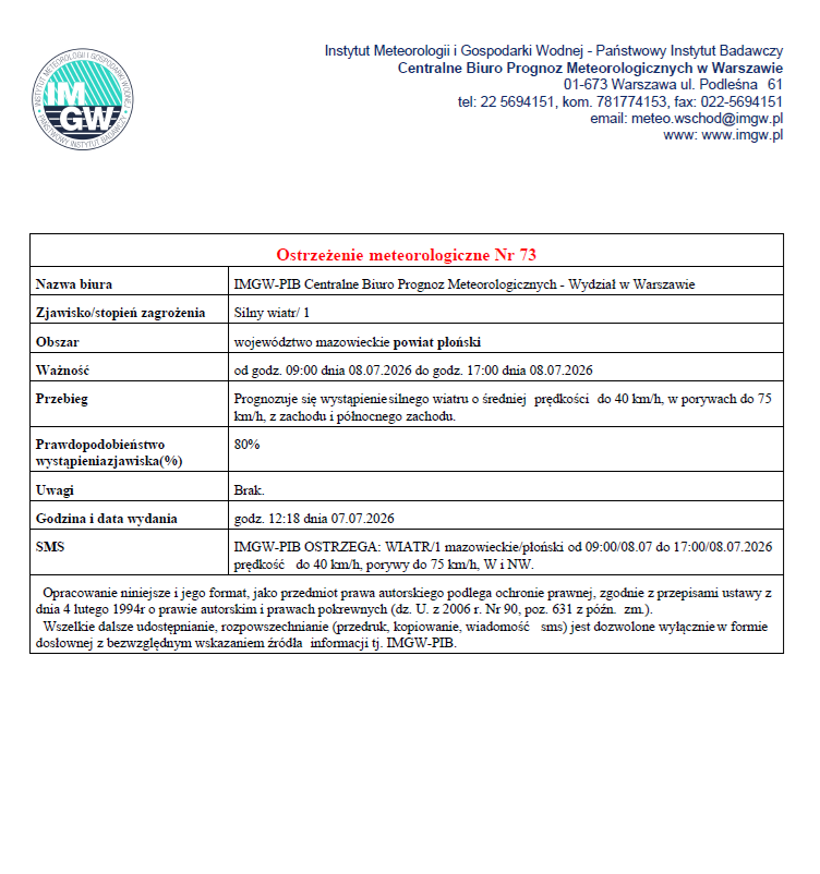 Ostrzeżenie meteorologiczne Nr 73 z dnia 07.07.2026 r.