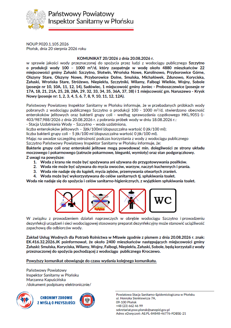  KOMUNIKAT 20/2026 z dnia 20.08.2026 r. w sprawie jakości wody przeznaczonej do spożycia przez ludzi z wodociągu publicznego Szczytno