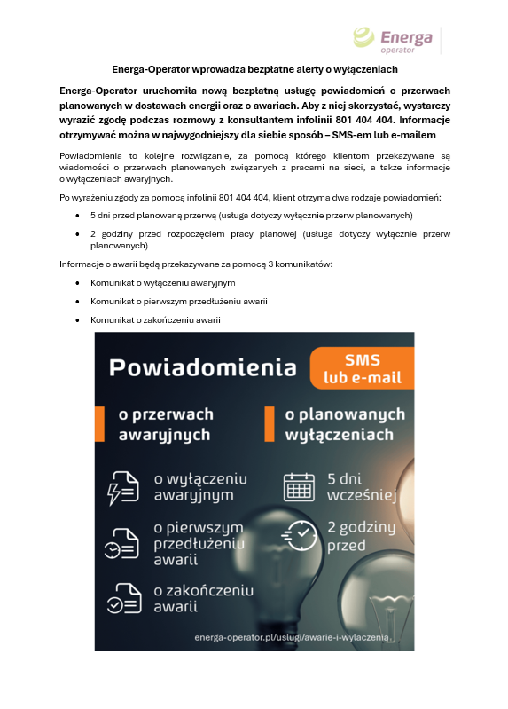 Energa-Operator wprowadza bezpłatne alerty o wyłączeniach