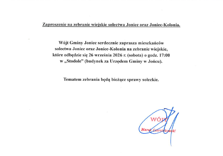 Zaproszenie na zebranie wiejskie sołectwa Joniec oraz Joniec-Kolonia.