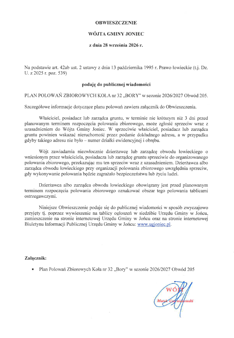 Obwieszczenie Wójta Gminy Joniec z dnia 28 września 2026 r.