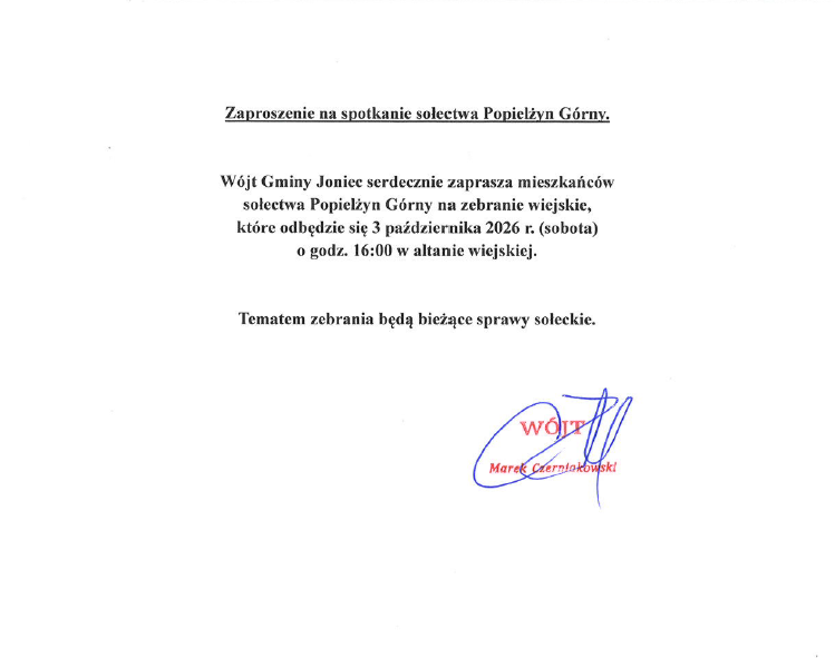 Zaproszenie na zebranie wiejskie sołectwa Popielżyn Górny