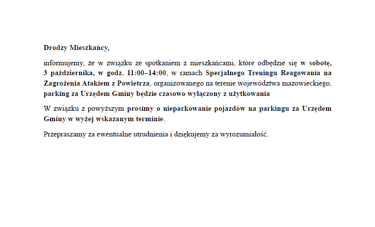 Informacja dotycząca parkingu w dniu 3.10.2026 r.