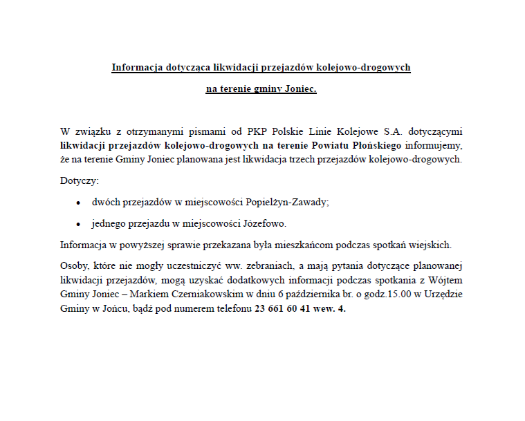 Informacja dotycząca likwidacji przejazdów kolejowo-drogowych  na terenie gminy Joniec.