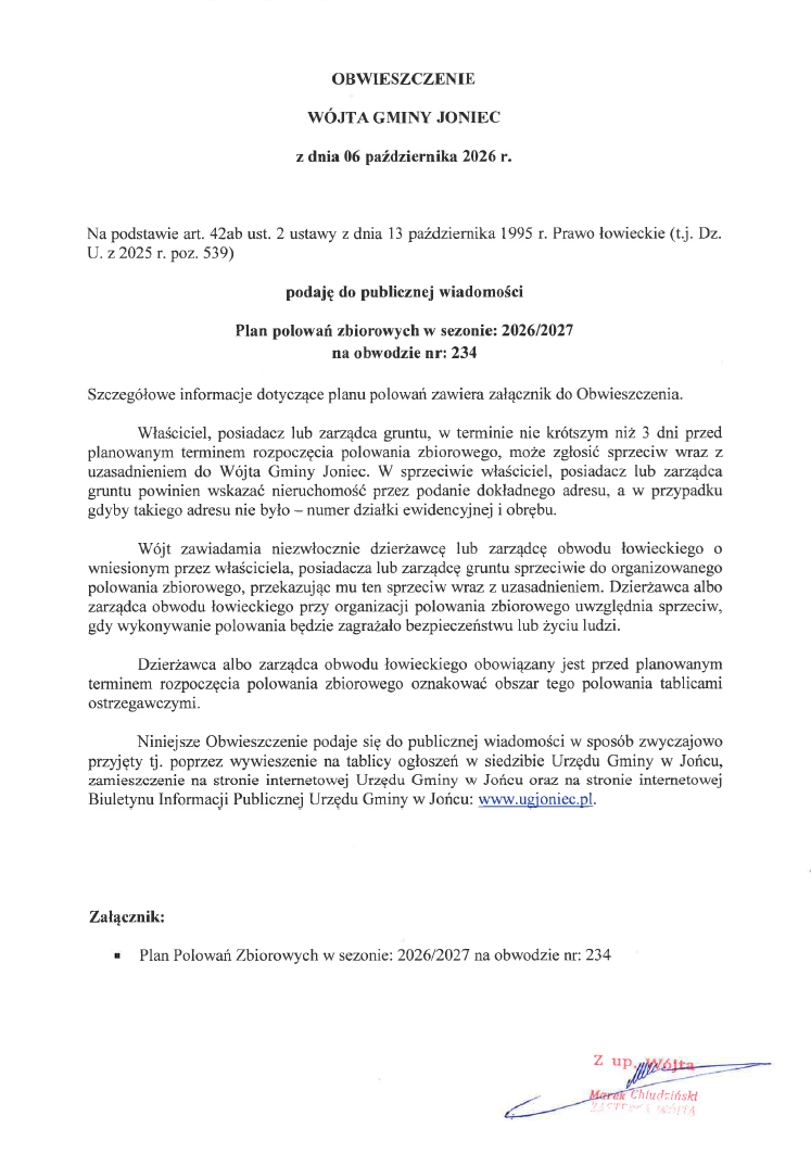 Obwieszczenie Wójta Gminy Joniec z dnia 6 października 2026r.