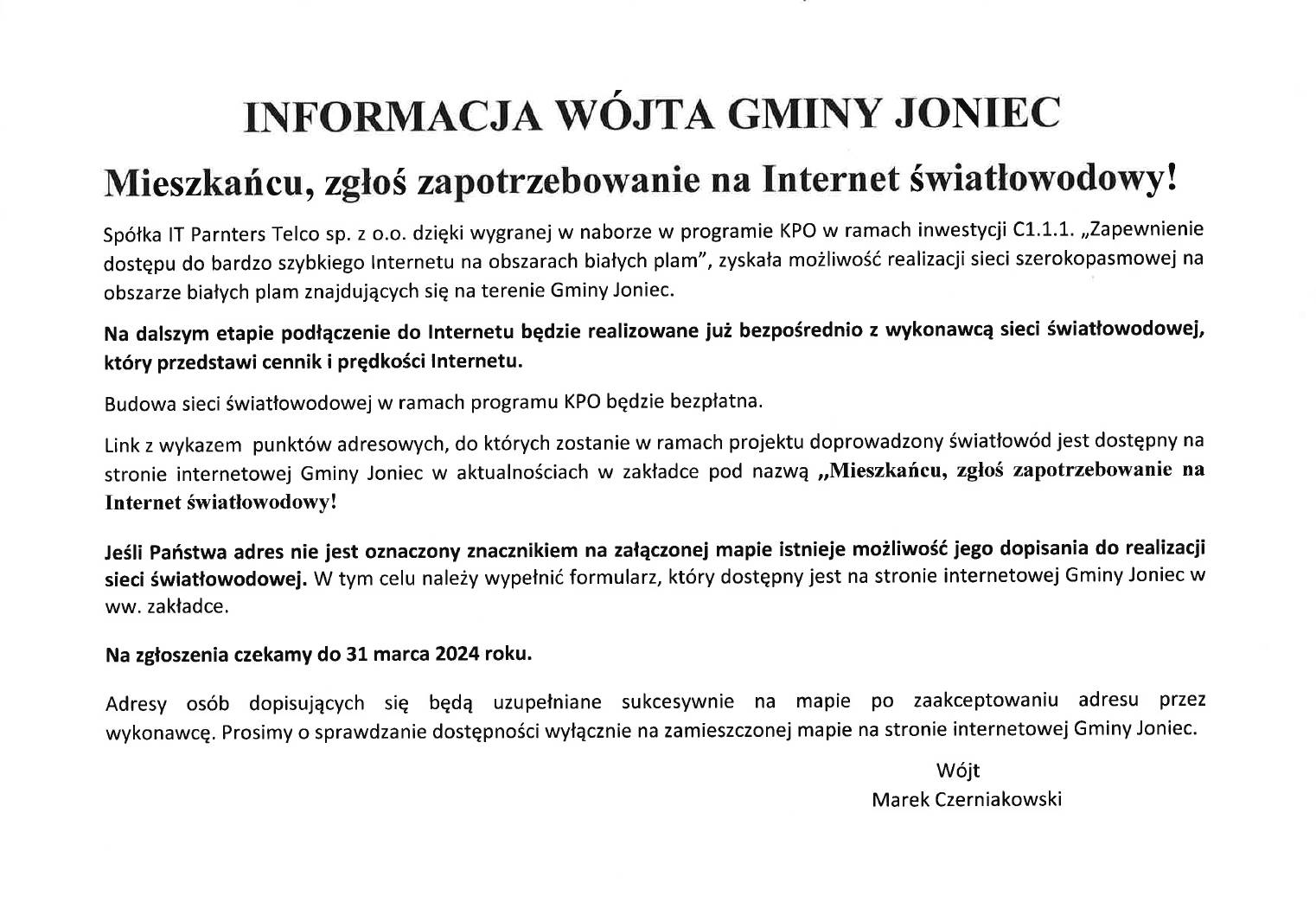 Informacja Wójta Gminy Joniec ws. zapotrzebowania na Internet światłowodowy!