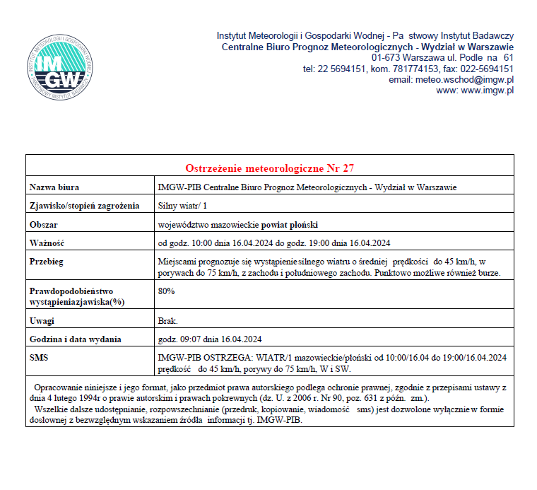 Ostrzeżenie meteorologiczne Nr 27 z dnia 16.04.2024 r.