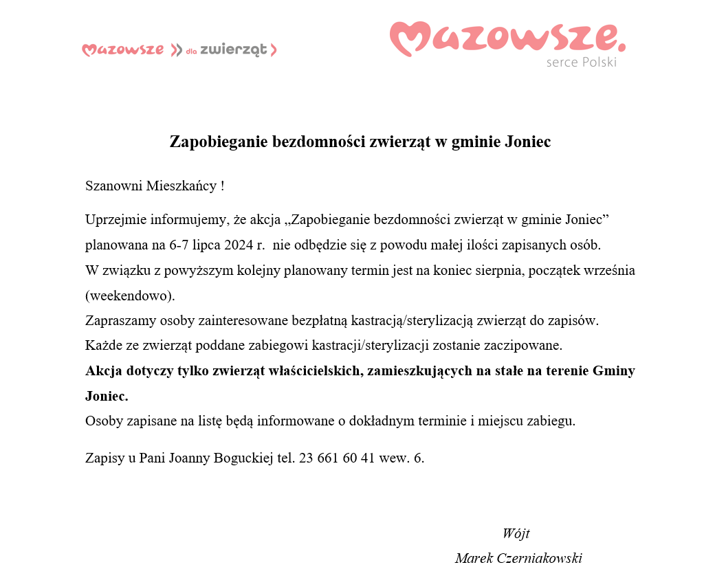 Zapobieganie bezdomności zwierząt w gminie Joniec