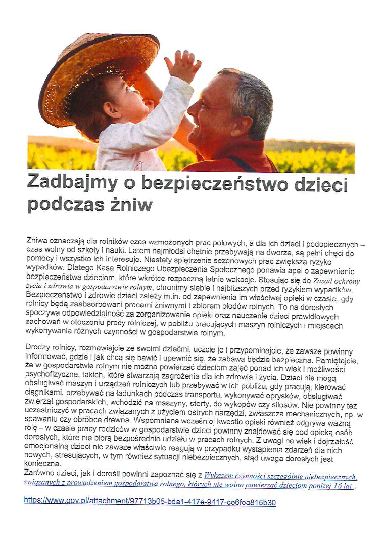 Zadbajmy o bezpieczeństwo dzieci podczas żniw!