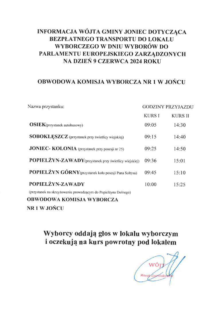 INFORMACJA WÓJTA GMINY JONIEC DOTYCZĄCA BEZPŁATNEGO TRANSPORTU DO LOKALU WYBORCZEGO W DNIU WYBORÓW DO  PARLAMENTU EUROPEJSKIEGO ZARZĄDZONYCH   NA DZIEŃ 9 CZERWCA 2024 ROKU