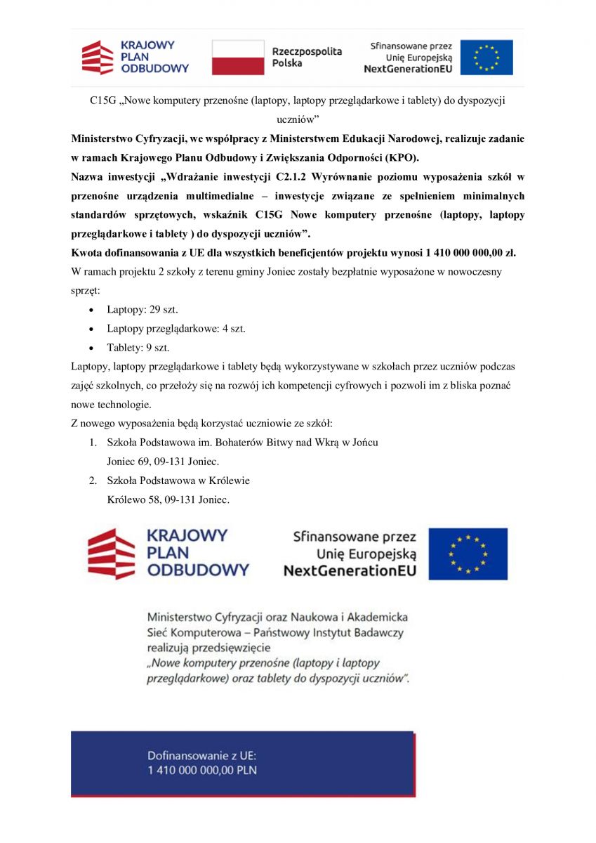 C15G &bdquo;Nowe komputery przenośne (laptopy, laptopy przeglądarkowe i tablety) do dyspozycji uczniów&rdquo;