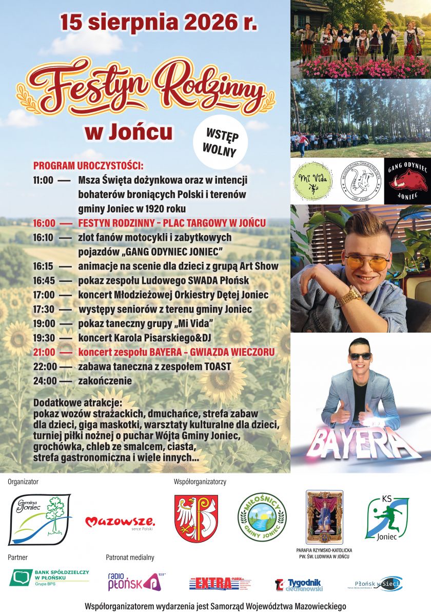 Zaproszenie na obchody 106. rocznicy Bitwy nad Wkrą, Dożynki Gminno- Parafialne oraz Festyn Rodzinny w Jońcu!