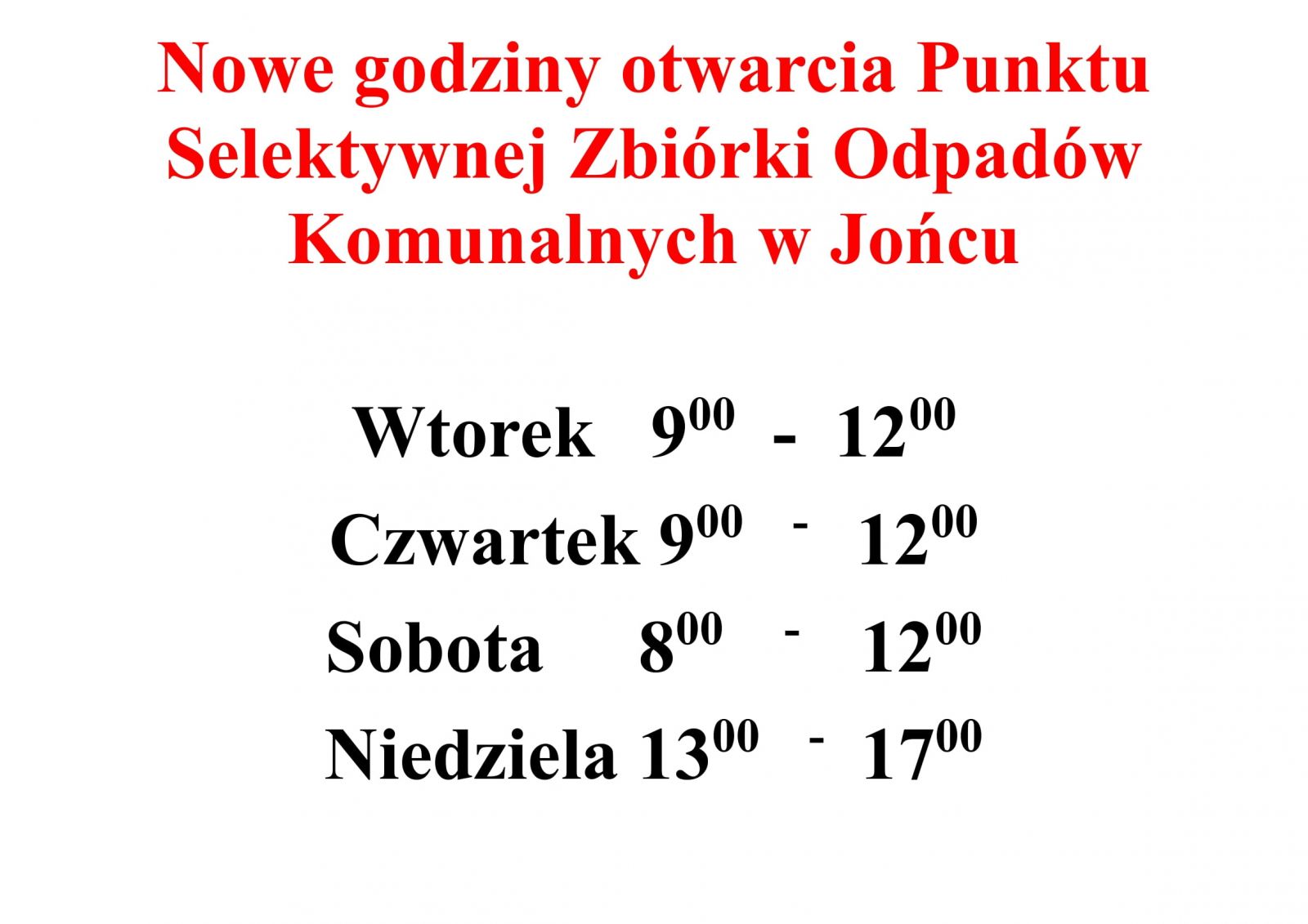 Nowe godziny otwarcia Punktu Selektywnej Zbiórki Odpadów Komunalnych w Jońcu