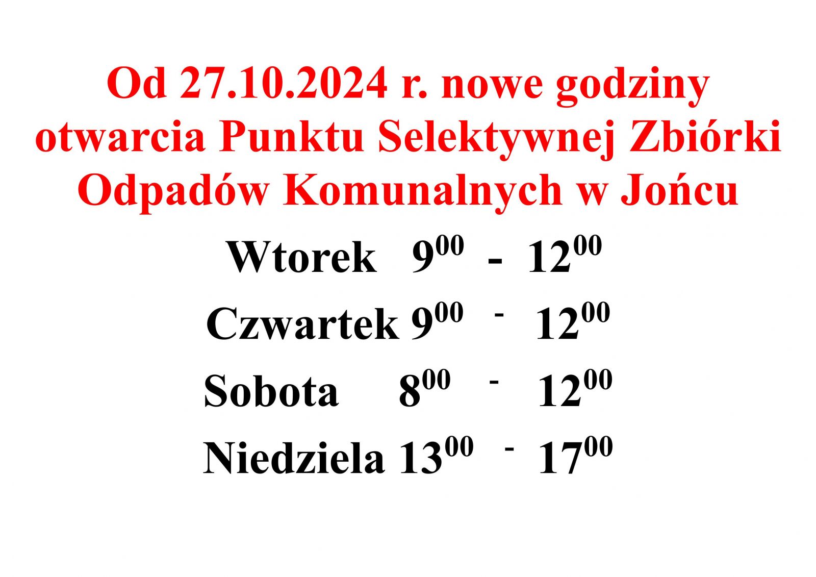 Od 27.10.2024 nowe godziny otwarcia Punktu Selektywnej Zbiórki Odpadów Komunalnych w Jońcu