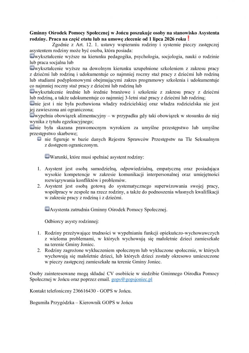 Gminny Ośrodek Pomocy Społecznej w Jońcu poszukuje osoby na stanowisko Asystenta rodziny.
