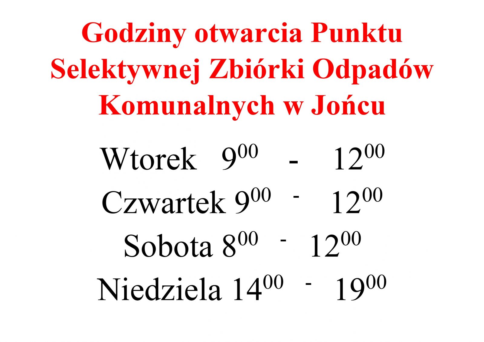 Godziny otwarcia PSZOK w Jońcu