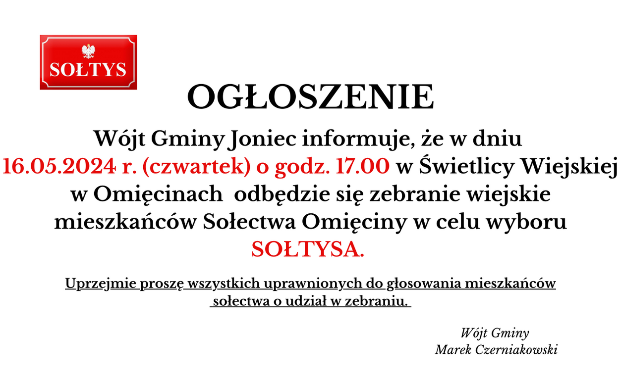 Zaproszenie na zebranie wiejskie mieszkańców Sołectwa Omięciny w celu wyboru SOŁTYSA.