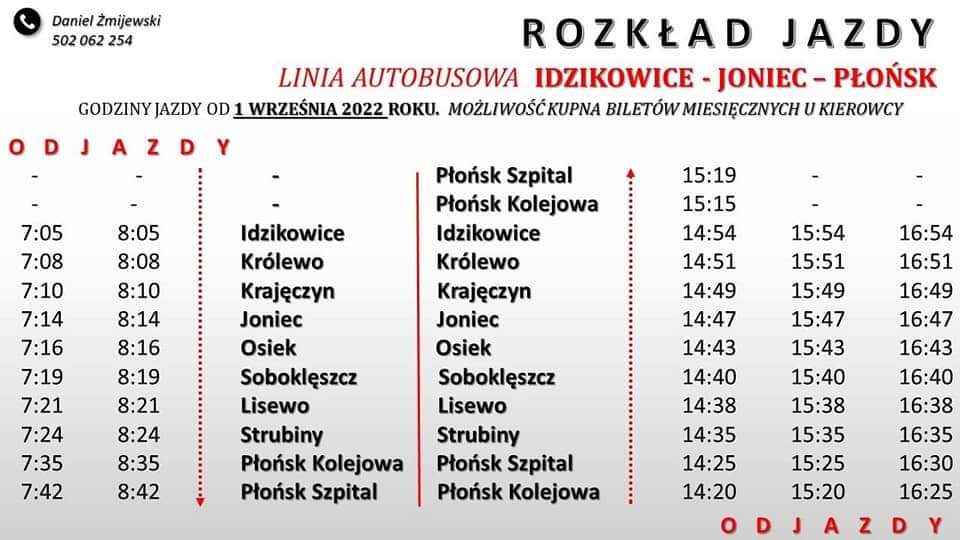 ROZKŁAD JAZDY LINIA AUTOBUSOWA IDZIKOWICE - JONIEC -PŁOŃSK