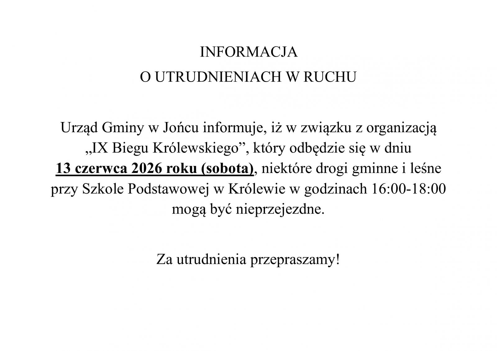 Informacja o utrudnieniach w ruchu