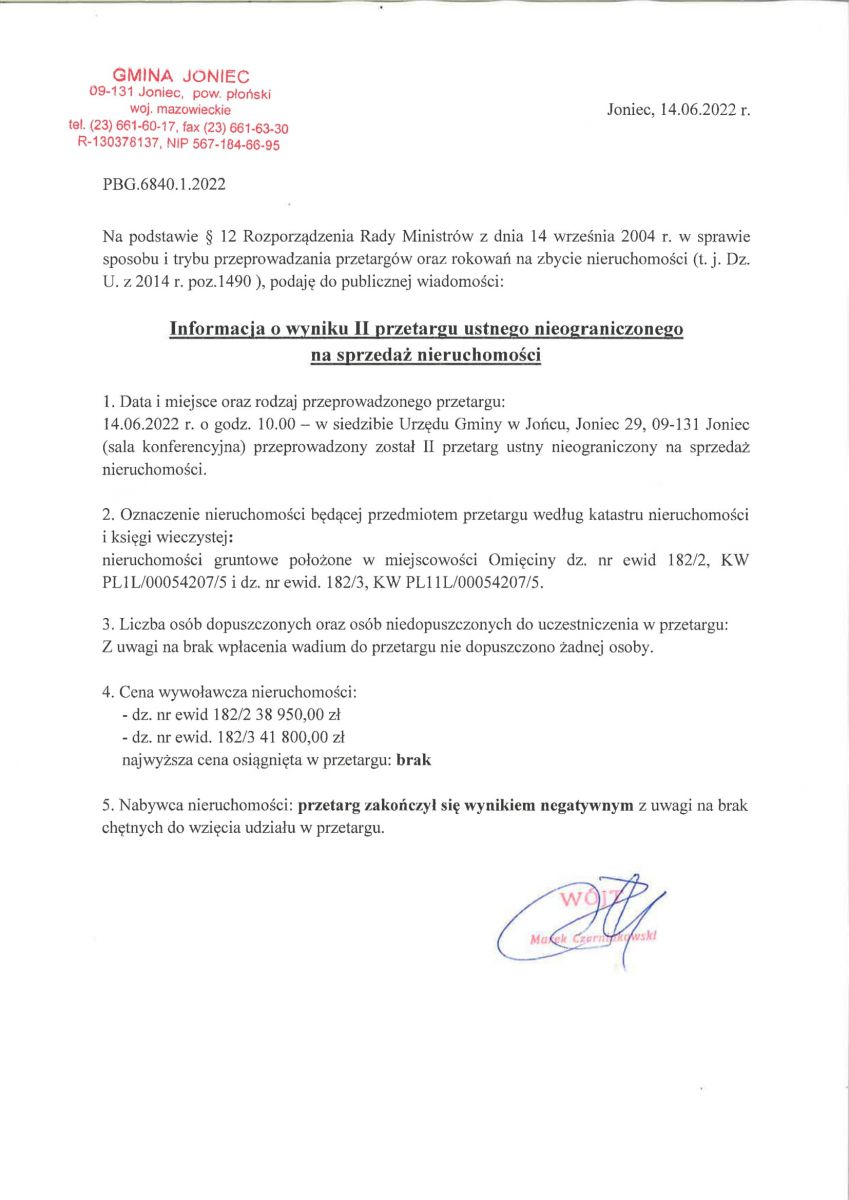 Informacja o wyniku II przetargu ustnego nieograniczonego na sprzedaż nieruchomości