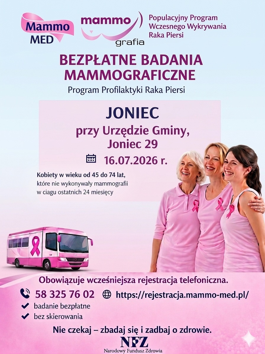 Bezpłatne badania mammograficzne dla mieszkanek gminy Joniec