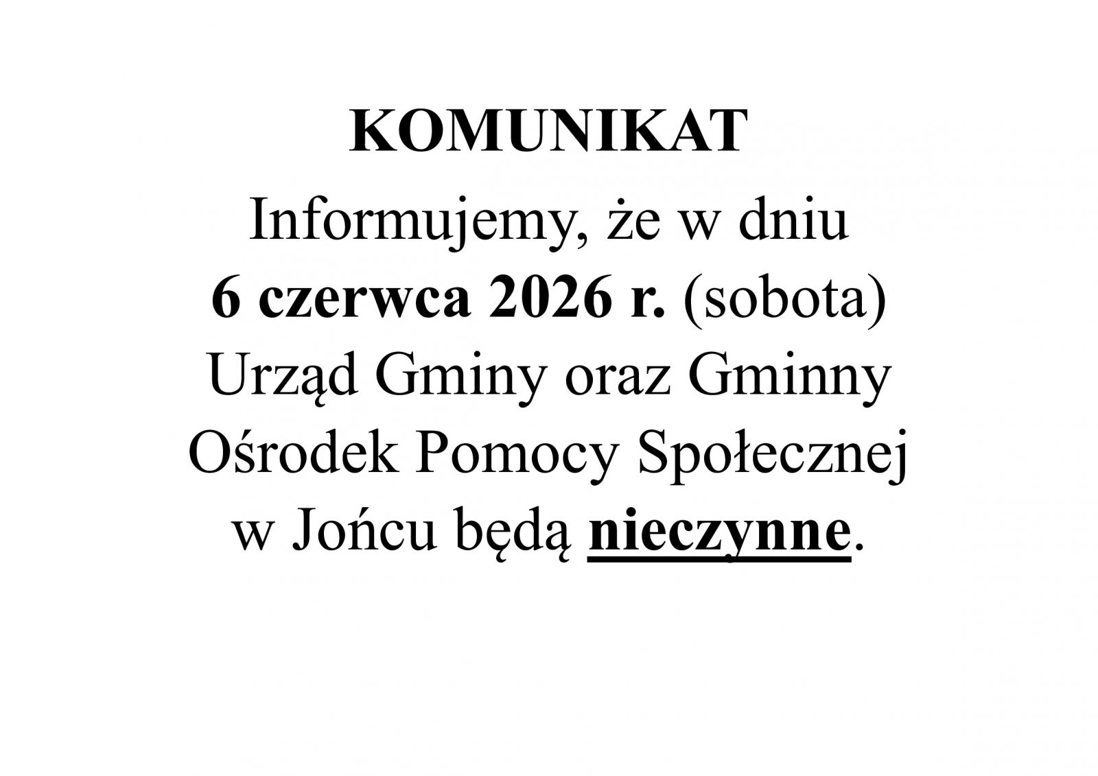 Sobota niepracująca 06.06.2026 r.