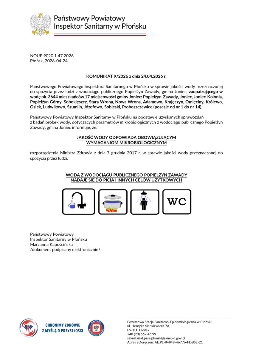 Komunikat 9/2026 z dnia 24.04.2026 r. Państwowy Powiatowy Inspektor Sanitarny w Płońsku stwierdza przydatność wody do spożycia z wodociągu publicznego Popielżyn Zawady.