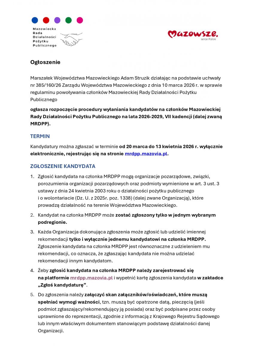 Ogłoszenie o przystąpieniu do procedury wyłaniania kandydatów na członków Mazowieckiej Rady Działalności Pożytku Publicznego na lata 2026-2029