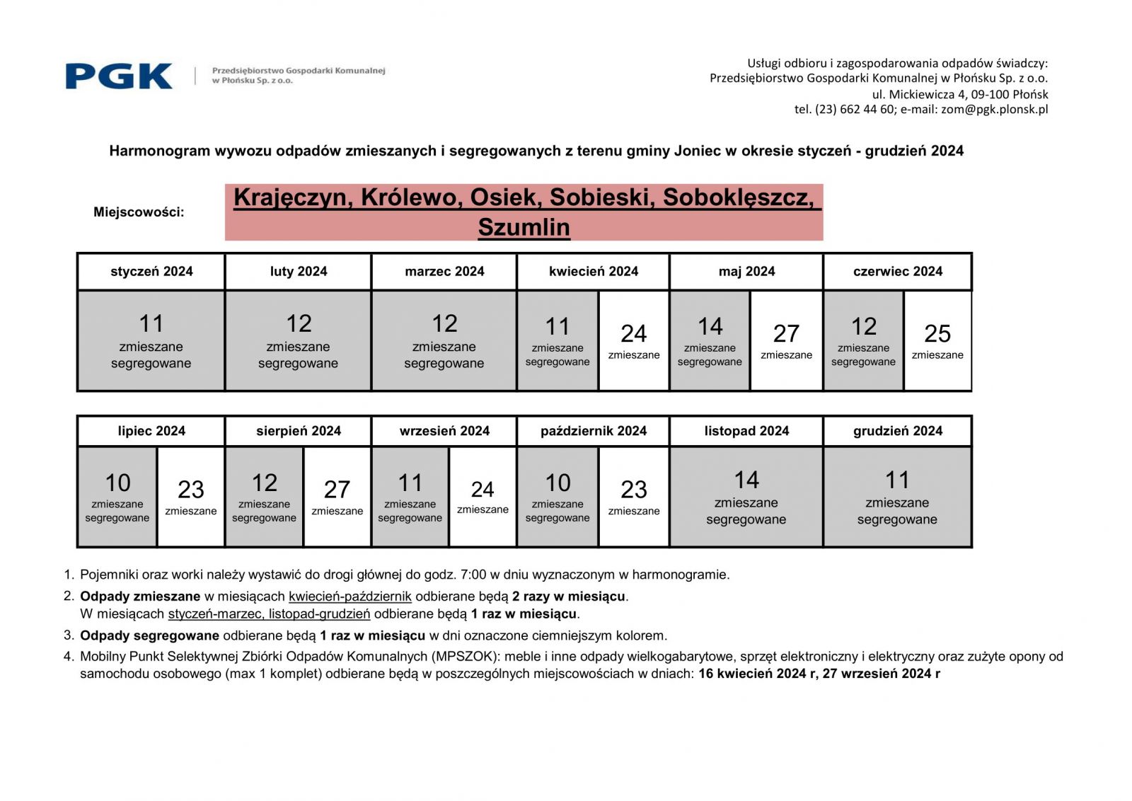 Harmonogram wywozu odpadów zmieszanych i segregowanych z terenu gminy Joniec na 2024 rok dla miejscowości: KRAJĘCZYN, KRÓLEWO, OSIEK, SOBIESKI, SOBOKLĘSZCZ, SZUMLIN