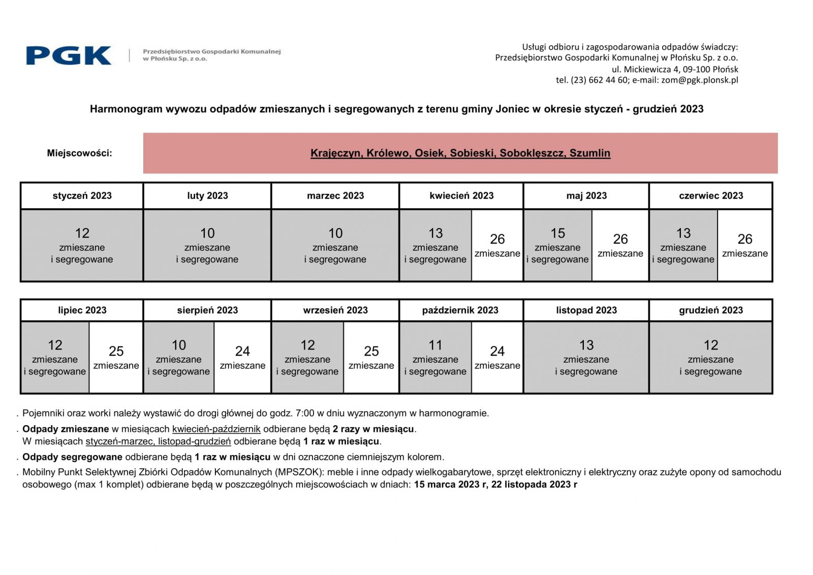 Harmonogram wywozu odpadów zmieszanych i segregowanych z terenu gminy Joniec na 2023 r. dla miejscowości: KRAJĘCZYN, KRÓLEWO, OSIEK, SOBIESKI, SOBOKLĘSZCZ, SZUMLIN