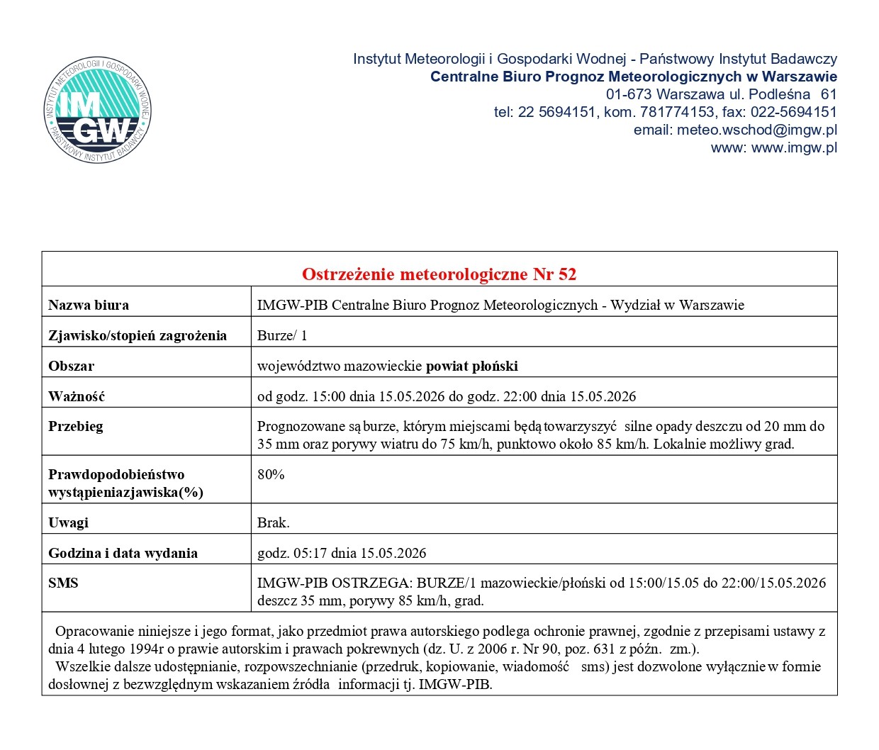 Ostrzeżenie meteorologiczne nr 52 z dnia 15.05.2026 r.