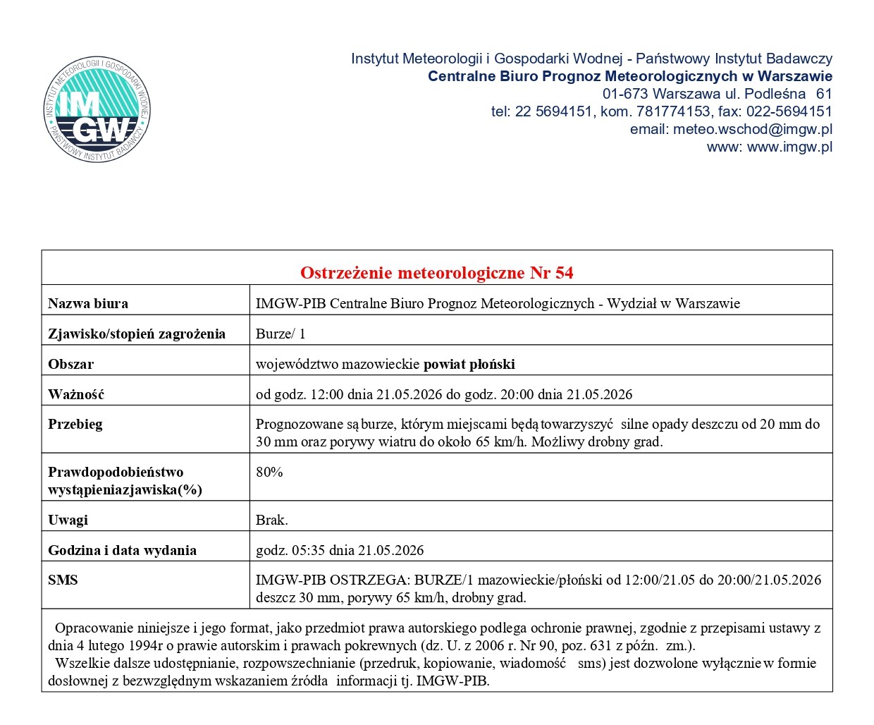 Ostrzeżenie meteorologiczne Nr 54 z dnia 21.05.2026 r.