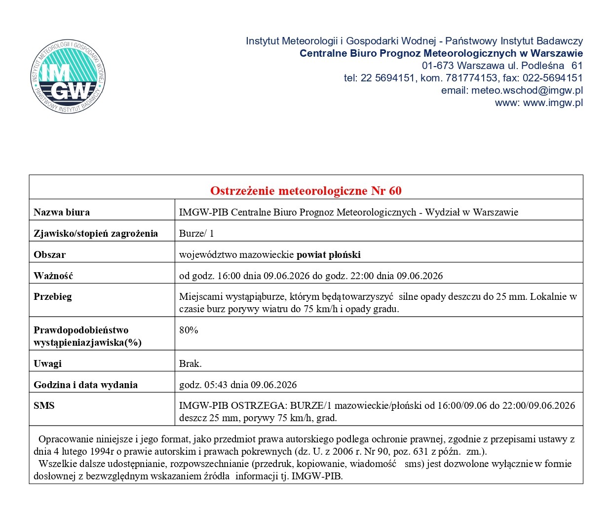 Ostrzeżenie meteorologiczne Nr 60 z dnia 09.06.2026 r.