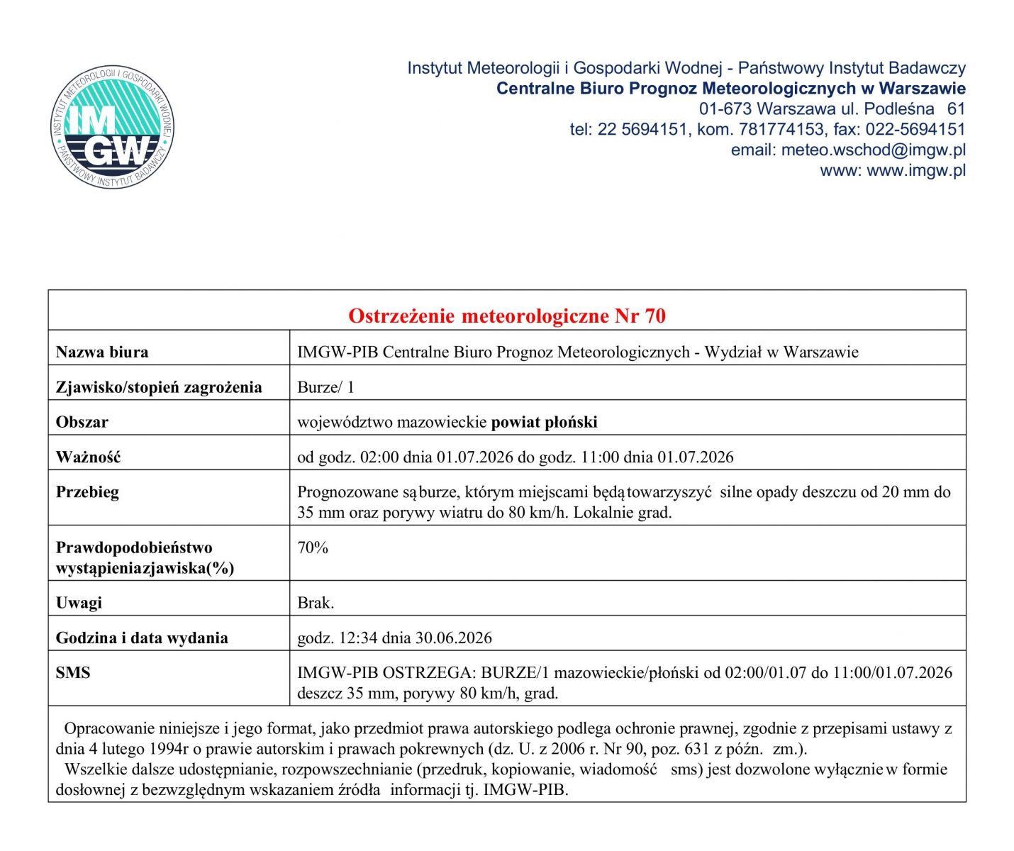 Ostrzeżenie meteorologiczne Nr 70 z dnia 30.06.2026 r.